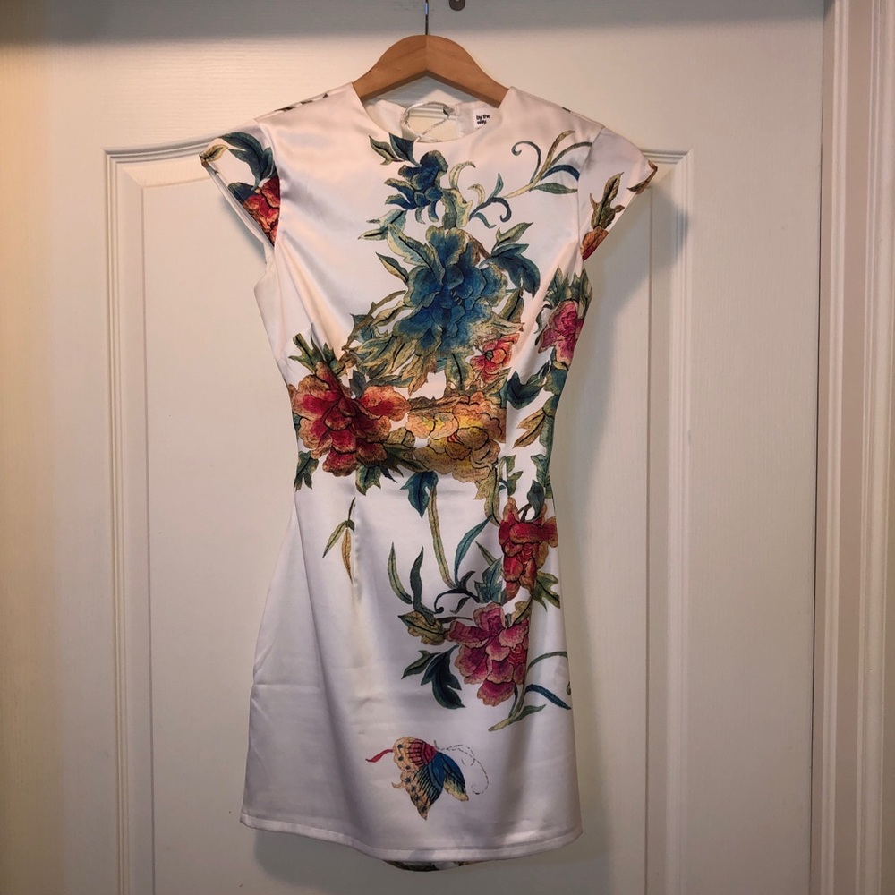 by the way. White Satin/Floral Mini Dress
